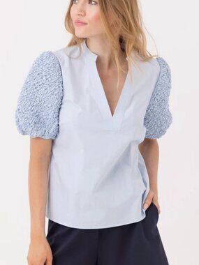 Sundays Womens Pilar Top Size S Puff Sleeve Old Money Preppy Structural Sky Blue